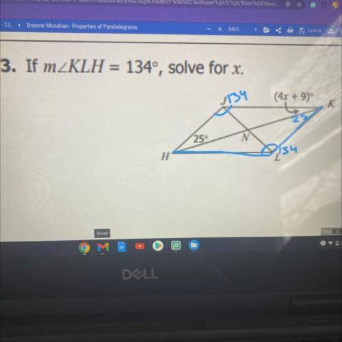 If klh=134° solve for x