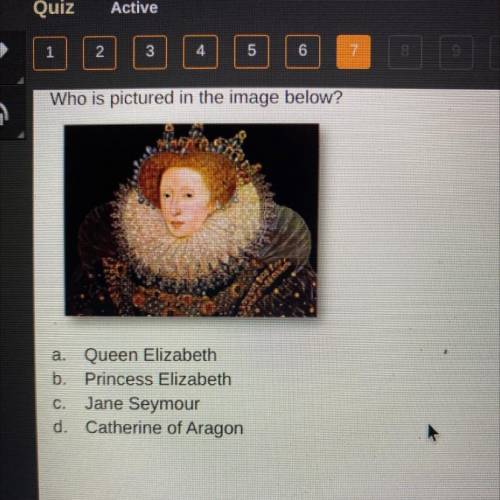 Who is pictured in the image below?

 
a. Queen Elizabeth
b. Princess Elizabeth
C. Jane Seymour
d.