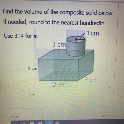 Find the volume of the composite solid below. If needed,round to the nearest hundredth. Use 3.14