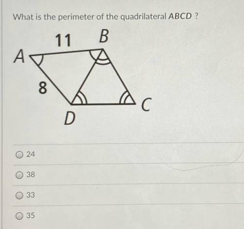 What is the perimeter of the quadrilateral ABCD?

11 B
A
8
C С
D
24
38
33
35