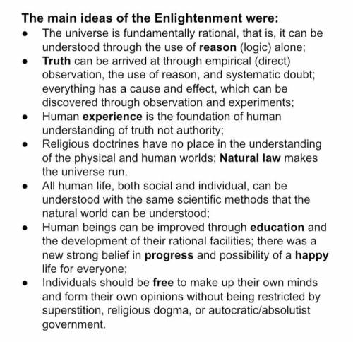 1. Summarize the main ideas of the Enlightenment in your own words

2. Predict the effect of Enlig