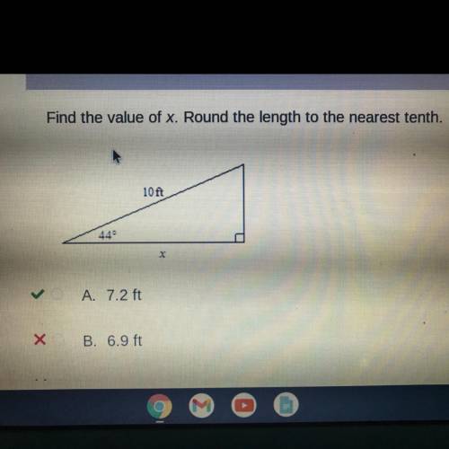 Find the value of x. Round the length to the nearest tenth.
ANSWER: A)7.2 ft
