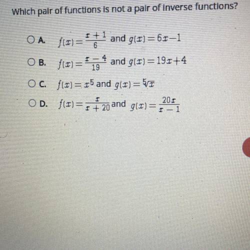Select the correct answer.
Which pair of functions is not a pair of inverse functions?