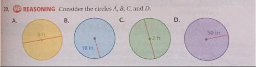 Consider the circles a,b,c, and d.

A. Without calculating, which circle has the greatest circumfe