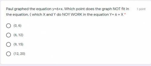 Paul graphed the equation y=6+x. Which point does the graph NOT fit in the equation. ( which X and