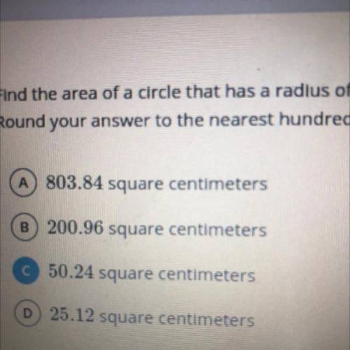 Find the area of a circle that has a radius of 8 centimeters. Use 3.14 as an approximation for it.