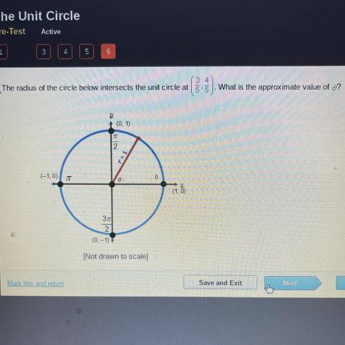 The radius of the circle below intersects the unit circle at (3/5,4/5)

What is the approximate va
