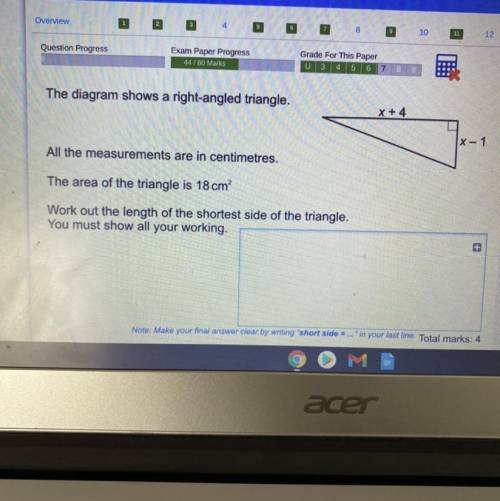 The diagram shows a right-angled triangle.

All the measurements are in centimetres.
The area of t