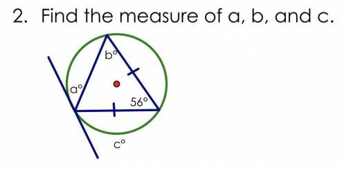 Find the measure of a, b, and c. Angle b = 152