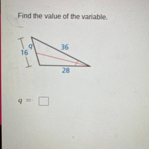Find the value of the variable.
36
g
16
1
28
9 =