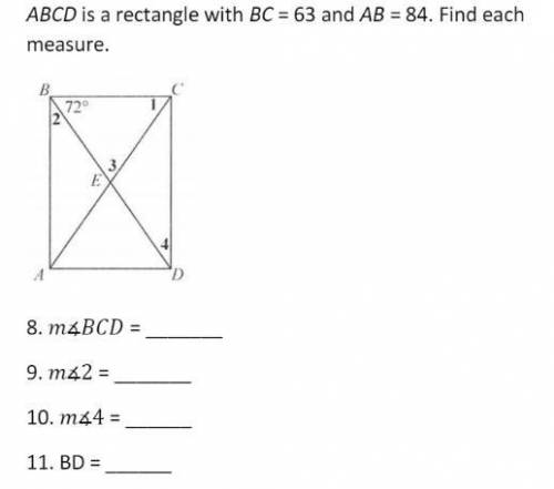 ABCD is a rectangle with BC =63 and AB = 84. Find each measure.