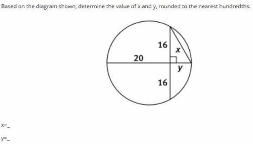 Based on the diagram shown, determine the value of x and y, rounded to the nearest hundredths.