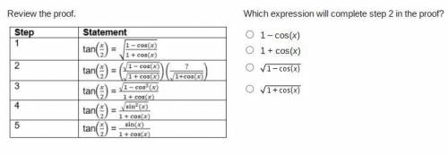 Please help...

Which expression will complete step 2 in the proof?
1 – cos(x)
1 + cos(x)
StartRoo