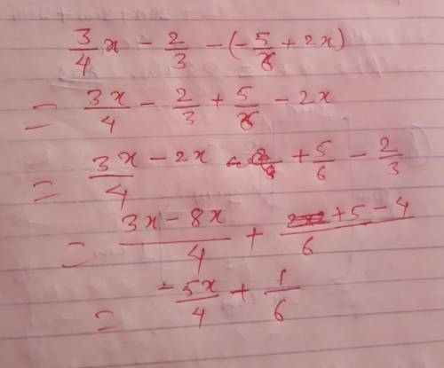 What is the difference of (3/4x - 2/3) - (-5/6 + 2x) ?

-5/4x + 1/6-5/4x - 1/6-11/4x + 1/6-11/4x -