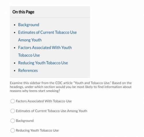 Examine this sidebar from the CDC article “Youth and Tobacco Use.” Based on the headings, under whi