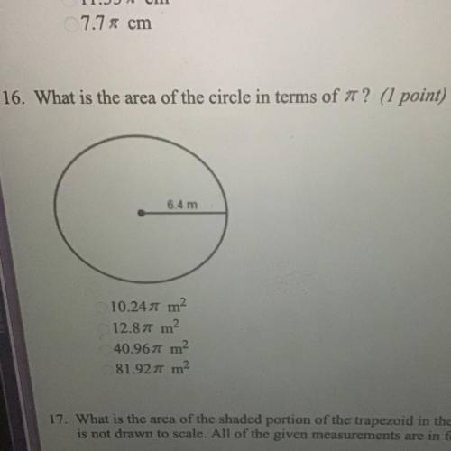What is the area of the circle in terms of r ? 
10.247 m2
12.8 m
40.967 m2
81.92 m2