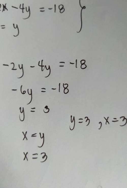 Solve the system by substitution.
-2x – 4y = -18
x=y