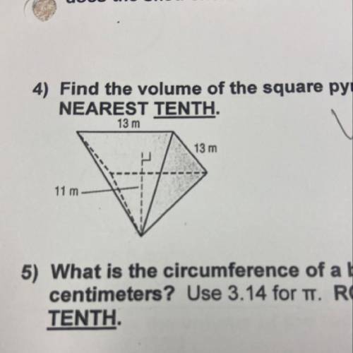 Can somebody help me on finding the volume of a square pyramid.