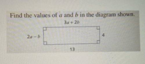 How do you find the values of a and b in the rectangle?13 = 3a + 2b ?4 = 2a - b ?