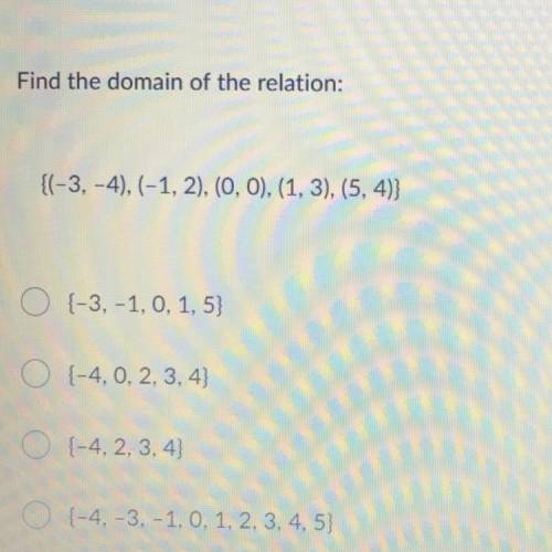 Find the domain of the relation:

{(-3, -4), (-1, 2), (0, 0), (1, 3), (5, 4);
0 (-3,-1, 0, 1,5)
O