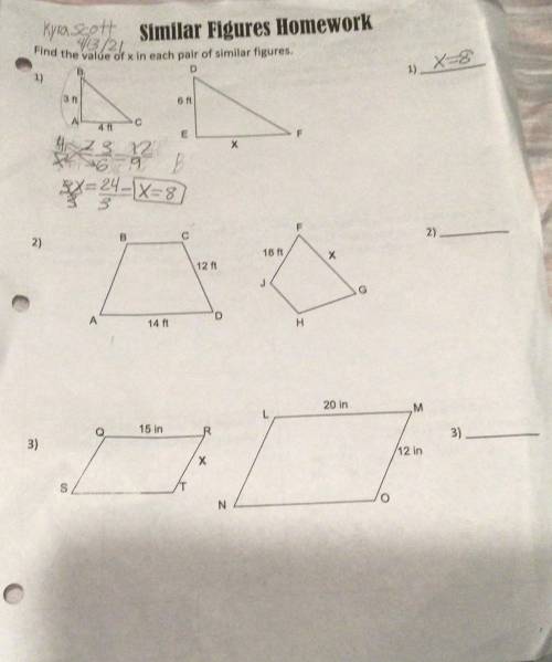 Look at this Right here. Similar figures homework, find the value of X in each pair of similar figu