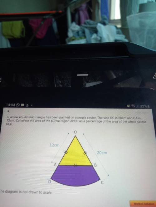 A yellow equilateral triangle has been painted on a purple sector.the side OC is 20cm and OA is 12c