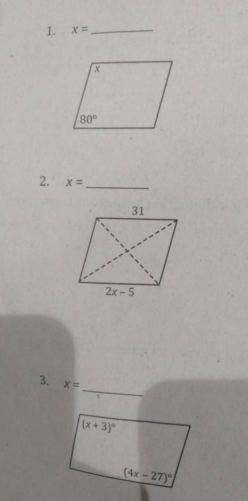 Solve for the value of x in the following parallelograms.Helppp, thanksss:)​