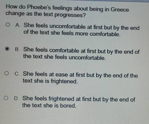How do Phoebe's feelings about being in Greece change as the text progresses?

A. She feels uncomf