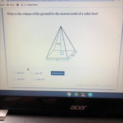 What is the volume of the pyramid to the nearest tenth of a cubic foot?

Please help meeee