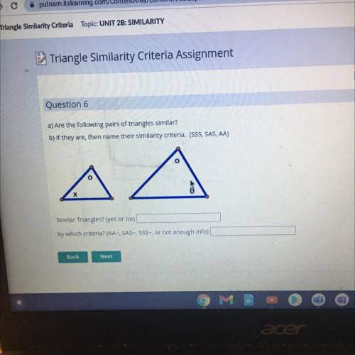 Similar Triangles? (yes or no)
by which criteria? (AA- SAS-, SSS- or not enough info)