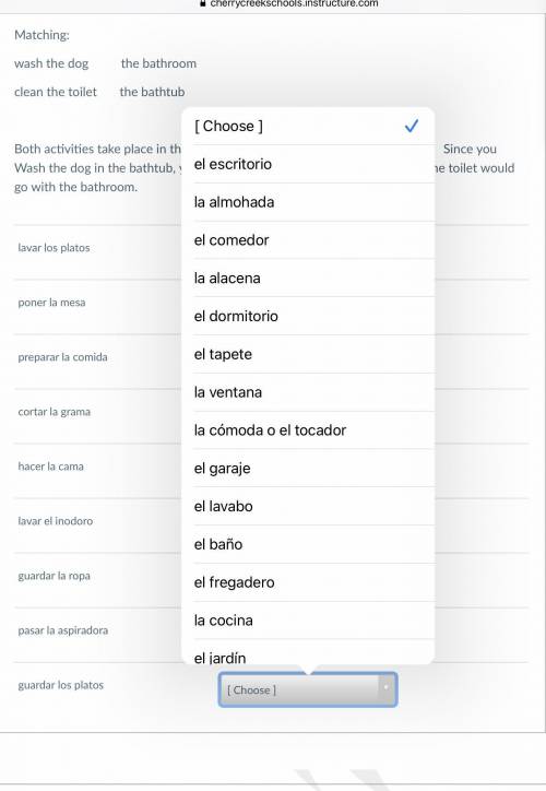 I need help with Spanish to match the words with the words in the drop down box