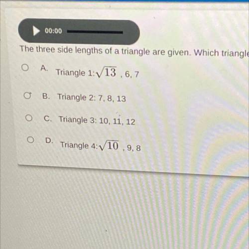 The three side lengths of a triangle are given. Which triangle is a right triangle?

hopefully the