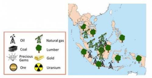 Analyze the map above. What unique natural resource is found in Southeast Asia but not in South Asi