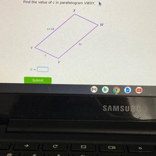 Find the value of c in the parallelogram
Please help me ixl is torchure!