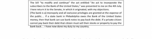 According to the document why does President Andrew Jackson want to veto the bank charter

NO LINK