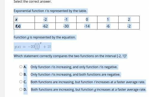 Exponential function f is represented by the table. x -2 -1 0 1 2 f(x) -62 -30 -14 -6 -2 Function g