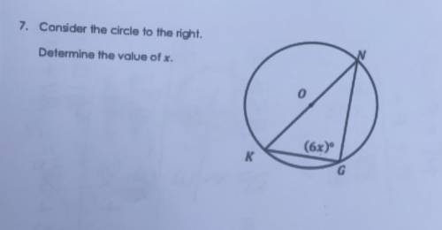 7. Consider the circle to the right

Determine the value of x 
Section 10- Topic 1 
Arcs and Inscr