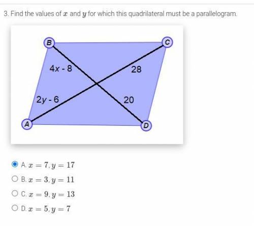 Find the values of x and y for which this quadrilateral must be a parallelogram.

I tried doing bu