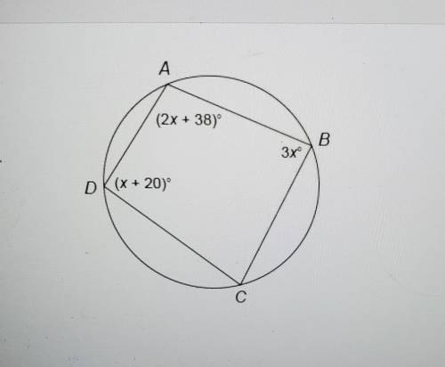 Please help. (2x + 38) B Quadrilateral ABCD is inscribed in this circle. 3x DK(X + 20° What is the