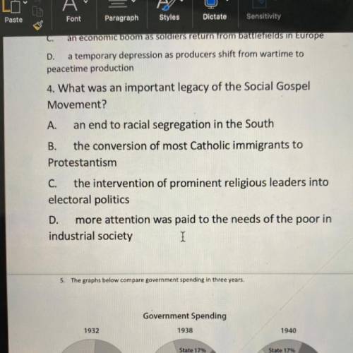 4. What was an important legacy of the Social Gospel

Movement?
A. an end to racial segregation in