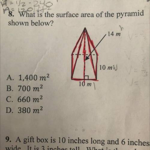 8. What is the surface area of the pyramid
shown below?