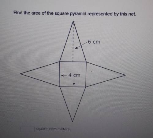 Find the area of the square pyramid represented by this net. 6 cm 4 cm​