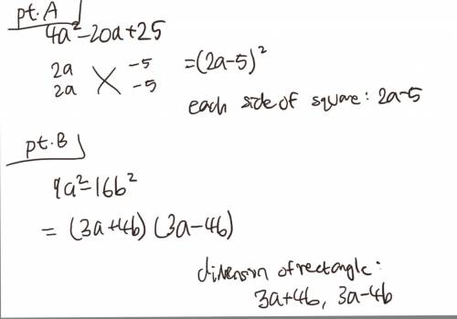 Need help

Part A: The area of a square is (4a2 − 20a + 25) square units. Determine the length of e