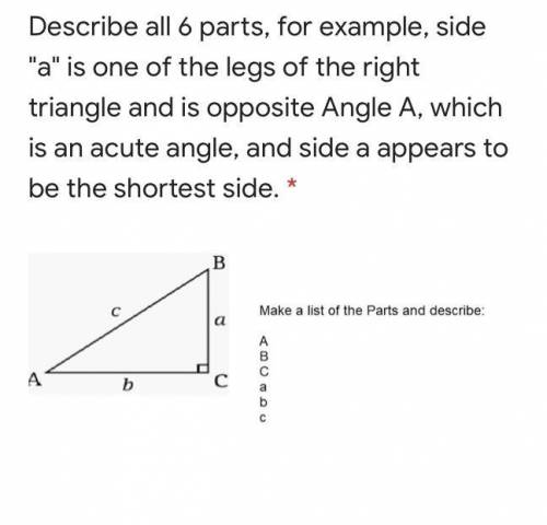 Describe all 6 parts, for example, side a is one of the legs of the right triangle and is opposit