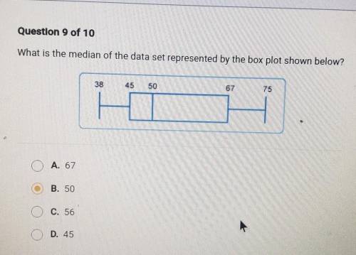 Question 9 of 10 What is the median of the data set represented by the box plot shown below? A. 67