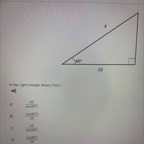 In the right triangle shown, find x.
PLEASE HELP