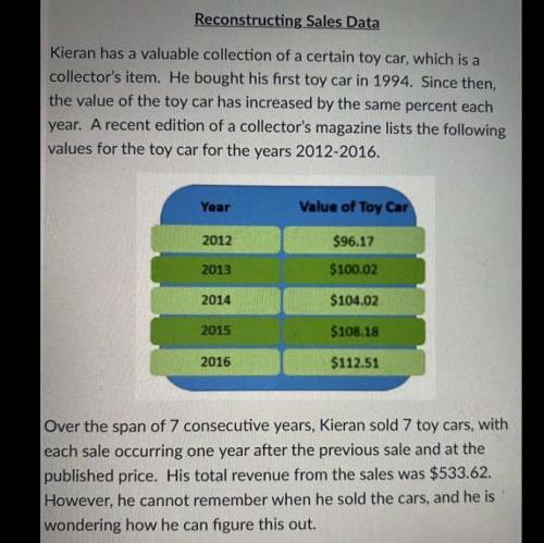 Determine the years in which Kieran sold the toy cars