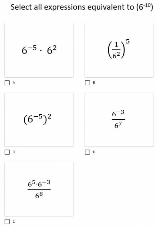Select all expressions that are equivalent to (6^-10)