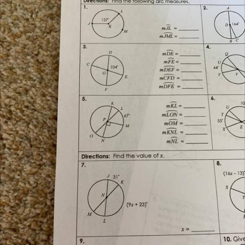 Directions: Find the following arc measures. Unit 10: Circles Homework 2: Central angles and arc me