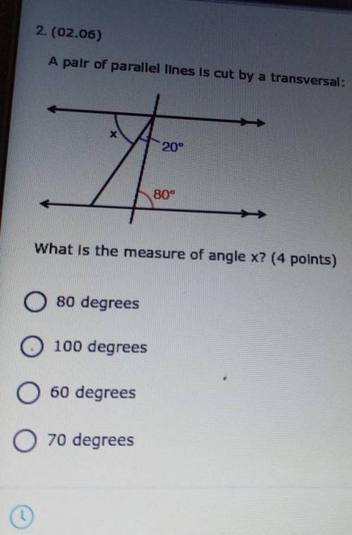 A pair of parallel lines is cut by a transversal: 20 7 가 80 What is the measure of angle x?

-80
